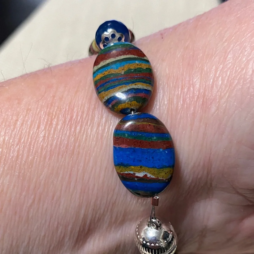 Natural genuine Rainbow Calsillica gemstone artisan Beaded 7.5” Bracelet